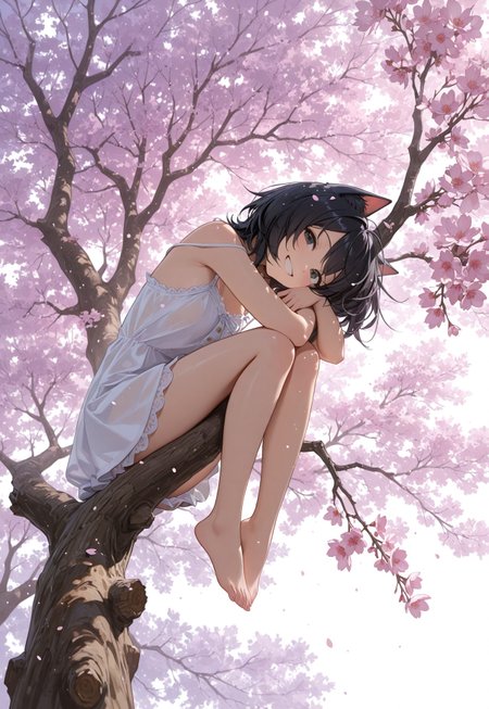 masterpiece, best quality, amazing quality,  dynamic view, 

BREAK a cunning cat girl lies on a branch, black hair, hugging the branch with her legs and arms, looking attentively at the viewer, grin, short dress, sakura tree,

soft lighting,  blum effect, particles, intricate cinematic background,
