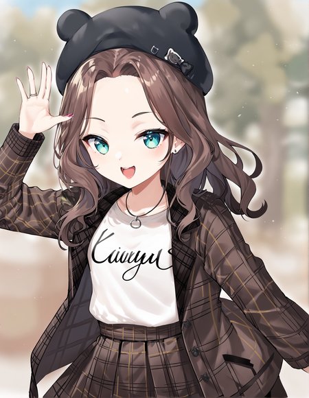 score_9, score_8_up, score_7_up, source_anime, anime, BREAK, best quality, very aesthetic, crisp image, absurdres,  hotfiy, outdoors, <lora:natsuiromatsuriponyXL1_0:1>, 1girl, matsuristreetcasual, animal hat, jacket, forehead, dynamic pose,