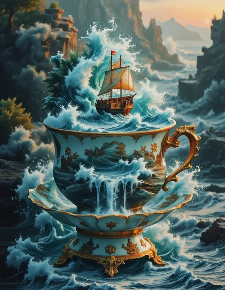 bo-exposure, Jedhydipa,  Detailed ornate teacup, porcelain,  gold accents, miniature wooden sailing ship,  ocean waves, misty waterfall, intricate artistry,  detailed scenery,  whimsical miniature,  artistic craftsmanship.  A porcelain teacup, detailed with intricate, hand-painted ocean waves,  surrounds a miniature wooden sailing ship.   The waves are deep teal and turquoise,  with whitecaps, and realistic rocky, mountainous shores and trees in a detailed miniature landscape painted onto the cup.  The cup sits on a detailed ornate golden base.  A misty waterfall flows down and around the base and rocks.  The entire scene is rendered in a  fine detail, rich,  and luminous quality.  The lighting is soft,  casting gentle highlights on the miniature scenery.   A detailed perspective emphasizes the miniature scale of the ship.   Atmospheric perspective creates a sense of depth, with soft mist surrounding the scene.  Elegant,  detailed gold detailing.  Whimsical, tranquil mood.  High-resolution image,  realistic lighting,  refined craftsmanship.  High level of artistry,  artisan level detail.  Vintage aesthetic.  Detailed miniature landscape in the porcelain cup.   Oriental style.  Enchanted, serene, calm mood.  <lora:MJ52_v1.3_Li (0.1-0.8):0.8> <lora:MJ52_v2.0 (0.1-1):1>   <lora:Realistische digitale Malerei--Jedhydipa:1> <lora:s:1.6>