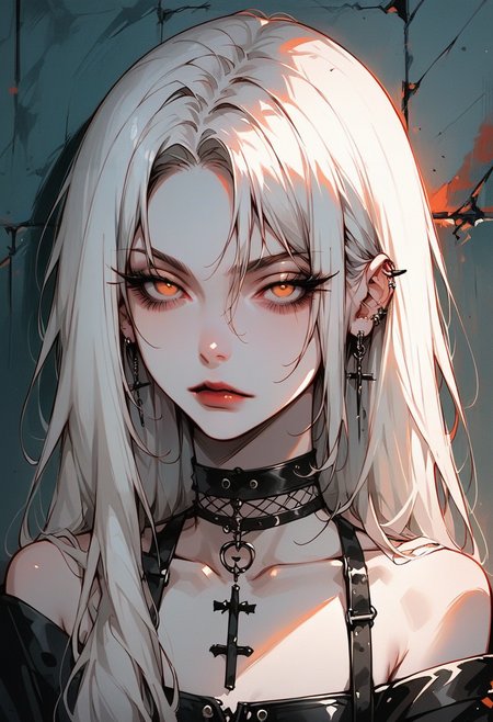 zPDXL3, score_9, score_8_up, score_7_up, 2d, (source_anime), 1girl, adult, pale skin, white hair, long hair, (straight hair), hair between the eyes, bare shoulders, choker, yellow eyes, half closed eyes, sharp facial features, black makeup, portrait, wall background, pale colors, looking at viewer, looking up, <lora:add-detail-xl:0.4> , <lora:g0th1cPXL:0.3>, <lora:Goth_girl_XL-v2:0.8>,  <lora:GDXLP:0.8>