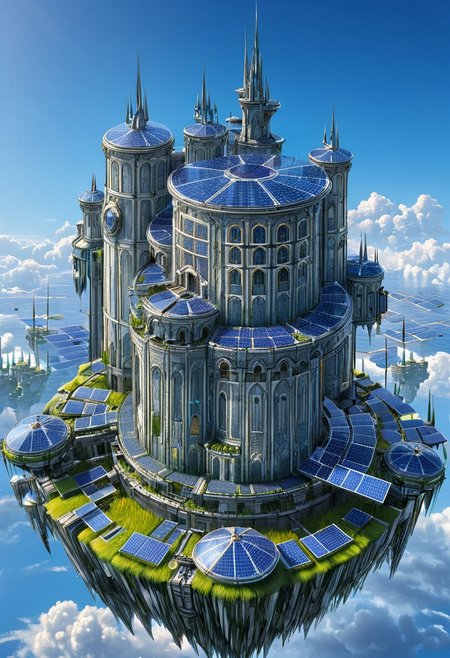 castle,
A traveler looking at a gigantic castle made of dozens of towers, medical, white, grass,matchcraft floating island , floating island, towers , sky , fly , cloud, solar punk,solarpunk ,solar panels
