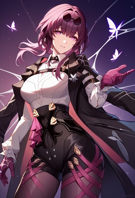score_9, score_8_up, score_7_up,  <lora:kafka_1k_pony:1>,kafka_\(honkai:_star_rail\), purple-tinted_eyewear, looking_over_eyewear, highres, purple_gloves, high-waist_shorts, purple_pantyhose, black_jacket, round_eyewear, ponytail, sunglasses, large_breasts, 1girl, collared_shirt, absurdres, long_sleeves, black_shorts, breast_focus, butterfly_ornament, spider_web_print, pantyhose_under_shorts