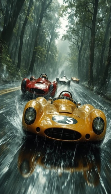 A high-resolution, cinematic illustration of a vintage Formula 1 race in a dense, rain-soaked forest, inspired by the aesthetics of 1950s and 1960s motorsport. The scene showcases dynamic motion, with a vibrant yellow race car marked "5" leading the pack, water spraying from beneath its tires as it speeds through a winding, glistening wet track. Other classic cars in bold reds and silvers follow closely, their forms blurred by the velocity. The forest is lush and atmospheric, with towering trees and a misty canopy filtering diffused, overcast light. Raindrops streak through the air, and reflective puddles scatter the road surface, adding depth and realism. The perspective intensifies the sense of speed and danger, emphasizing the thrill of racing in adverse weather conditions. Styled in a blend of photorealism and hyper-detailed artistic techniques, capturing both the nostalgic charm and adrenaline-pumping energy of the race. aidmaMJ6.1 <lora:aidmaMJ6.1v0.4:0.8>, aidmafluxproultra <lora:aidmaFluxProUltra:0.7>,  Motion blur <lora:flux dtmh:0.6>, Anamorphic bokeh style <lora:Anamorphic bokeh v2:0.5>, in the style of Jed-clrfl <lora:flux-colourful:0.4>