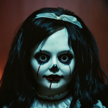 UHD, 4k, ultra detailed, cinematic, a photograph of  <lora:perfection style:0.5> <lora:detailed:0.5> perfection detailed
 <lora:The Shining film style:0.9>
 <lora:1980's style:0.4>
In the 1980's in the Colorado Rocky Mountains a creepy doll face undead young woman with a bloody face and deep black eyes,1girl,solo,long hair,looking at viewer,simple background,black hair,closed mouth,black eyes,lips,black background,portrait,realistic,horror (theme) , cinematic, film, kodak, The Shining film style, epic, beautiful lighting, inpsiring