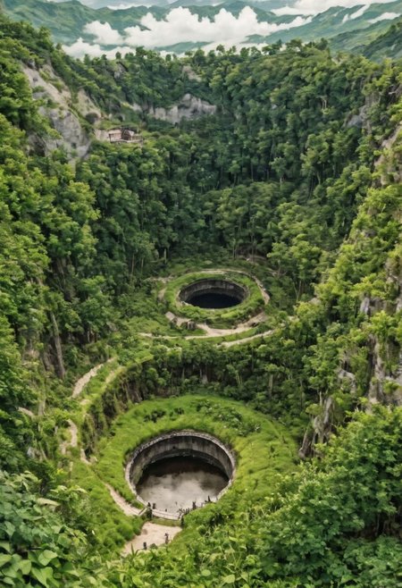arafed view of a large crater with a walkway in the middle, real life totoro, beautiful hd, everything enclosed in a circle, hou china, pacal votan, looming over the earth, well - decorated, huge black round hole, ivy, solar, <hd, ad, top