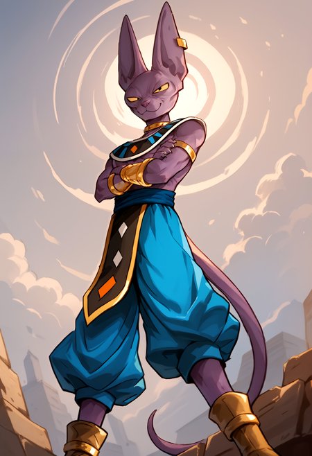score_9, score_8_up, score_7_up, anthro only, furry only, 1boy, solo,  <lora:BeerusPony-000002>, 1boy, solo, beerus, cat boy, purple skin, collar,  egyptian clothes, gold armlet, gold choker, gold earring, single earring, yellow sclera, black eyes, looking at viewer, baggy pants, boots, floating, crossed arms, looking at viewer, smug, displaying power,  outside,
