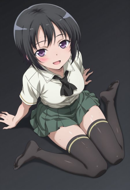 anime screencap, anime coloring, , <lora:DX888Yozora:1> mikazuki yozora, purple eyes, black hair, short hair,, green skirt, white shirt, school uniform, ascot, pleated skirt, black thighhighs, zettai ryouiki,  BREAK  black background, heaven condition,( simple background:1.2), BREAK 
 1girl, arm support, blush, breasts, feet, from above, looking at viewer, looking up, open mouth, sitting, smile, soles, solo, sweat,