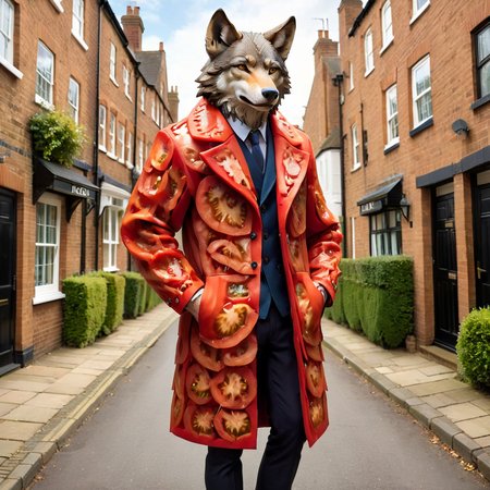 masterpiece, best quality, wolf wearing tmts coat, outdoor, UK residential street <lora:tmts:0.7>