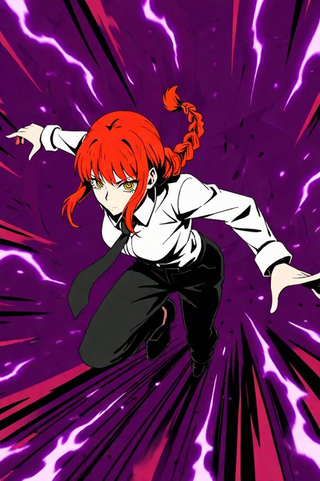 <lora:mak1ma0XL_Pony_v1:0.6> , mak1ma0, (makima:0.8), red hair, long hair, ringed eyes, braid, white collared shirt,black necktie, black pants, 1girl, solo, alone,<lora:dynamic_anime_art_illustriousXL:0.8>, dynamic_anime_art,  masterpiece, highres