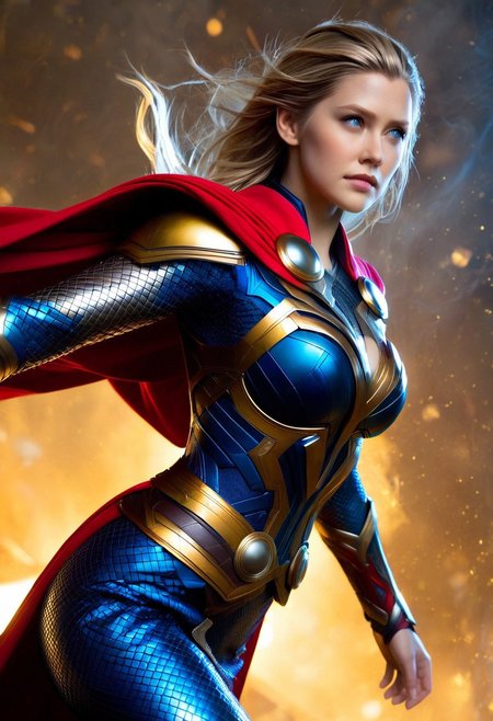 A lone female figure, clad in a intricately detailed Thor-inspired outfit, fills the frame in a hyper-realistic style, with precise textures and subtle reflections. Soft, golden lighting dances across her face and armor, set against a muted, atmospheric background. The camera captures her from a slightly lowered angle, emphasizing her powerful stance, with a shallow depth of field blurring the edges of her cape. The color palette is dark and rich, with metallic blues and golds dominating the scene, inviting the viewer to behold her heroic presence.