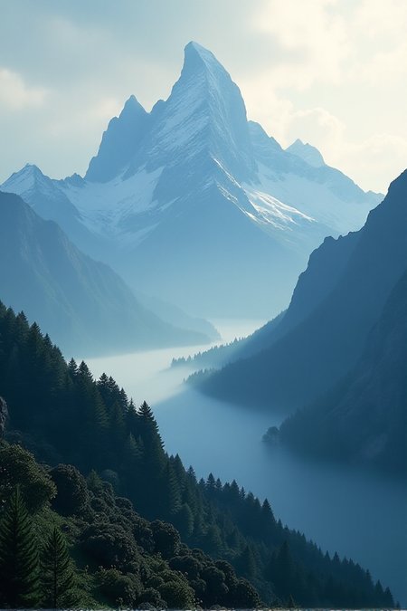 their peaks veiled in mist. great lighting, A surreal landscape highly detailed . extremely high-resolution details, appears trapped in an optical illusion of reflections and refractions colorful , professional photography, natural lighting, volumetric lighting maximalist. intricately detailed, complex, elegant, expansive, fantastical, film photography style, in the distance layers of mountains strech to the horizon in shades of blue, mysterious fog envelops the landscape, adding depth and atmosphere to the composition, ultra-detailed, hyper-detailed, ambient lighting, (masterpiece), (Amazing quality), (phenomenal aesthetic), cinematic moment, 8K<lora:FLUX_Ghibsky_Illustrations.safetensors:0.8:1.0>âââ