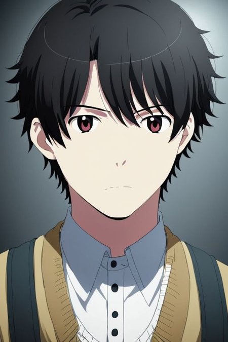 high resolution, solo, best quality, 1Boy, Portrait, Inaho Kaizuka, Black Hair, portrait, looking at viewer, focused gaze forward, upper body, head upright, frustation,