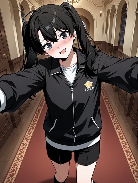 <lora:Omniscient_Readers_Viewpoint__Yoo_Mia:1>
1girl, solo, black hair, long hair, twintails, low twintails, hair between eyes, ahoge, black eyes, 
black zip jacket, white shirt underneath, black shorts, black socks,
score_9, score_8_up, score_7_up, score_6_up, source_anime, rating_explicit, 1girl, solo, smile, embarrassed, alcalose eyes, open mouth, mansion, indoors, looking at viewer, outstretched arms, pov, close-up, (head tilt:1.2)
