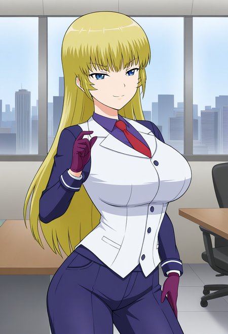 1girl, solo, ryusenkarenplutocrat, blonde hair, long hair, blue eyes, large breasts, purple collared shirt, white vest, red necktie, purple pants, business suit, purple gloves, hand on one pocket, indoors, office, table, window, cityscape, smile, smug, standing, cowboy shot