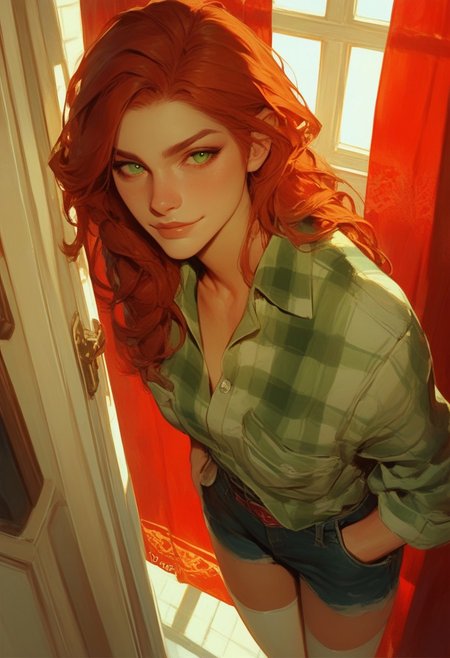 (score_9, score_8_up, score_7_up:1.3), score_6_up, score_5_up, score_4_up, (drawn),1girl, solo, (medium breasts:1.1), redhead, 
green eyes, long hair, white thighhighs, denim shorts, green flannel, from above,
baroque hall, window, red curtains,
looking at viewer,
(dutch angle:1.2), (slightly smug:1), hands in pocket
