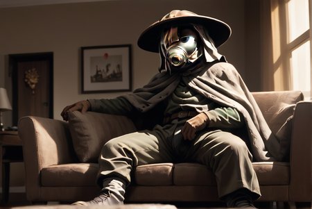 score_9, score_8_up, score_8,   <lora:Kanta_SunabozuDesert_Punk_for_PonyXL:0.8> 1boy, k4nt4, solo, hat, mask, cape, helmet, sitting on couch, living room, window