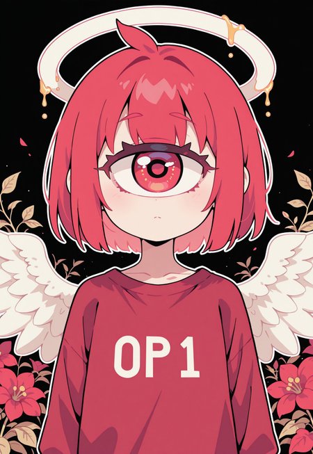  S4bit4mago_illu, anime style, s0wasow4rt_illu, masterpiece, newest, masterpiece, best quality, high quality, newest, highres, absurdres, <lora:sowasowart_style-000016:1>,score_9, score_8_up, score_7_up, concept, solo, extremely detailed, cartoon style, detailed background, detailed plants, thick outline, white outline, flat color, no lineart, blending, negative space,
masterpiece, best quality, very aesthetic, newest, solo, semi-realistic,  1 girl, red motif, cyclops eye, large eye, large flat halo, flat color, large red shirt, black background, wings, black lighting