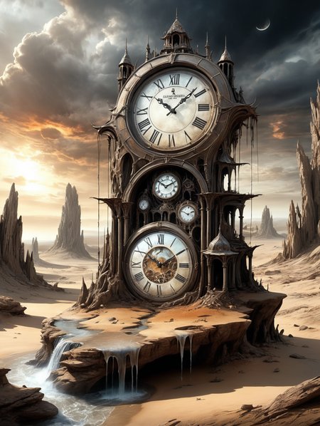 Surreal realism, surreal landscape characterised by softness and distortion. On an unreal, dreamlike terrain sit deformed clocks that look like soft, melting objects. The scene is imbued with an unreal atmosphere that seems to epitomise the fluid, intangible nature of time itself, masterpiece, high detail, 8k, intricate, detailed, high resolution, high res, ultra high quality, <lora:add-detail-xl:1.8>