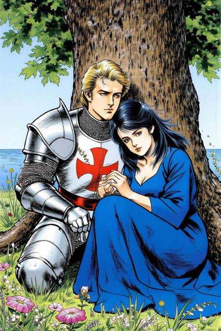 1keryo illustration.
A blonde knight and a lady sitting under a tree. The lady has dark hair and is wearing a blue dress. The knight is sleeping with his head on the leg of the lady  <lora:1keryo1_cap_d6a3e12:1.0><lora:826534561971413215:0>