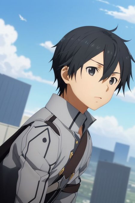 high resolution, solo, best quality, 1Boy, Kazuto Kirigaya, portraits, Black Hair, Black Eyes, free fall, sky , OverallDetail