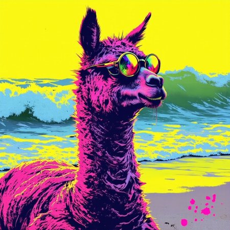 bo-neon, ArcaneFGTNR, a digital illustration in a vibrant, gothic style, 
A Alpaca wearing cool sunglasses, lounging on a sandy beach with waves crashing behind. The lobster's red shell gleams in the sunlight, and its oversized sunglasses reflect the bright blue sky., 
in the style of hauntingly atmospheric dark fantasy, VHS, horror, 80's horror with vibrant colors
 the background is a solid, bright yellow, which contrasts sharply with vivid colors, stand out vividly, the overall composition is dynamic, high quality, ultra detailed, colorful, grainy, cyberpunk fantasy