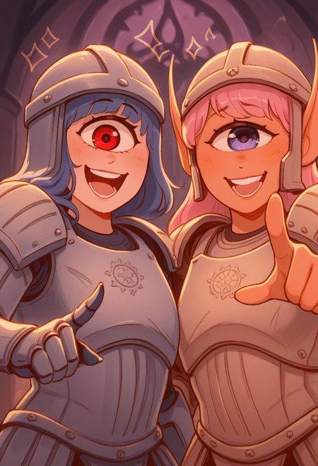 WhimsiFantasystyle,  masterpiece, best quality,   2girls, duo, close the viewer,  alien girls,  one eye cyclops, iron armor, fantasy dungeon background, cobble,   pointing at viewer and laughing, shocked,  looking at the viewer,