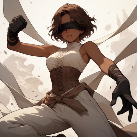 Score_9, Score_8_up, Score_7_up, (masterpiece), best quality, blindfolded, perfect face, perfect anatomy, anime girl, slim, medium breasts, hourglass shape, brown hair, short hair, dark skin and freckles, beautiful and trained bodysuit, white sleeveless shirt, brown corset that highlights her breasts and small waist, loose pants with openings on the sides, without shoes and with long black gloves that reach to her elbows, hippie aura
fighting perspective, with a sword in his hand, about to fight, hell  
<lora:Concept_Masked_Lady:0.7>,