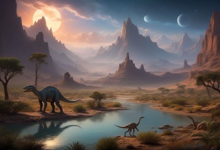 advntr, fantasy landscape, (very detailed), masterpiece, best lighting, best shadows
high fantasy, majestic mountains, lush valleys, enchanted forests, and shifting deserts, ethereal beauty, rivers of silver flow through ancient forests, mirage-laden deserts hide secrets beneath twilight skies, celestial constellations. dinosaur long neck out from water