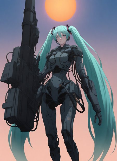masterwork, jtts, 1girl, hatsune miku, cyborg, large weapon, cybernetic body, wires, cables, aqua hair, very long hair, twintails, daytime, sun, vibrant colors, detailed, masterpiece, best quality, newest, absurdres, highres, <lora:SDXL\Illustrous\Jittsu_style:1.0>