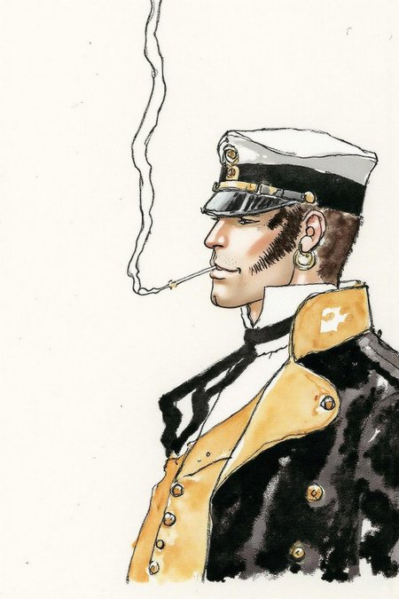 hugop1 watercolor illustration. 
watercolor illustration of the profile of a man in a military uniform. He is wearing a single earring and a sailor cap, smoking in a relaxed pose.
 <lora:hugop1_cap_d6a3e12:1.0><lora:824364589874551344:0>