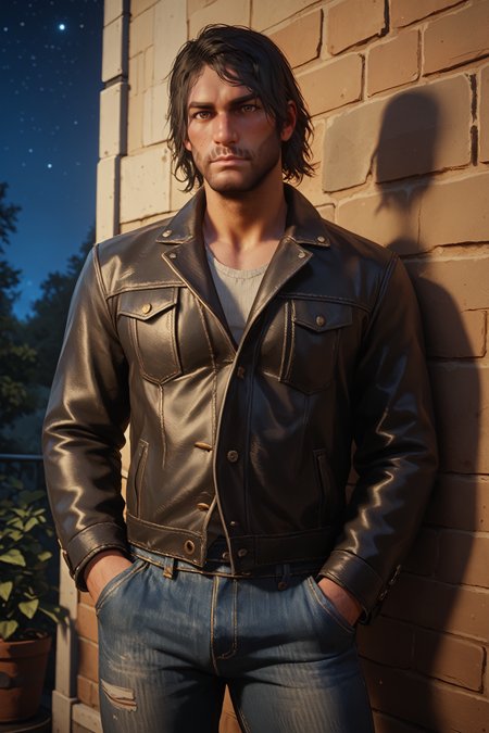 score_9, score_8_up, score_7_up,
<lora:RDR2John:0.8>
RDR2John, 1boy, black hair, brown eyes, facial hair, looking at viewer, leaning against wall, outside, leather jacket, jeans, hands in pocket, at night