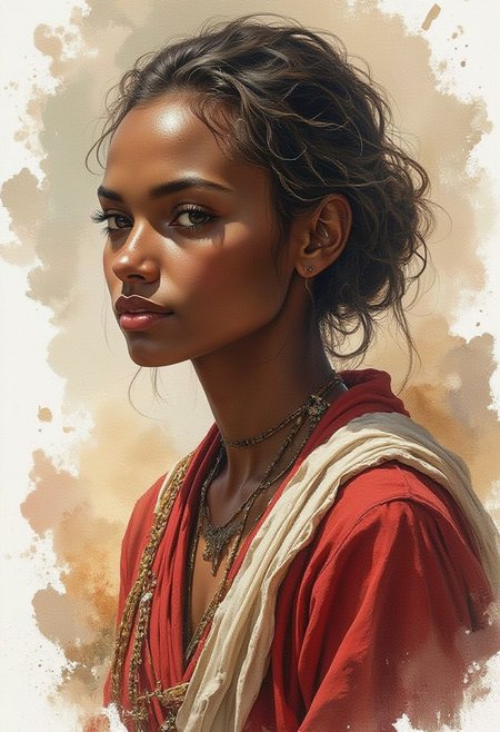 illustration, watercolor, 
A close-up portrait of a beautiful young guard in her shwe-swhe robe, African theme, faded background, dynamic movement, intricate detail, tribal African elements, hints of gold and red, cyberpunk anime, cyberpunk, cumulus clouds, AlfMch, anime, cyberpunk