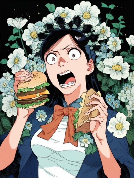 the princess of flowers in Surprise, national quiz, manga, eating hamburger
score_8_up  <lora:National Quiz:1>