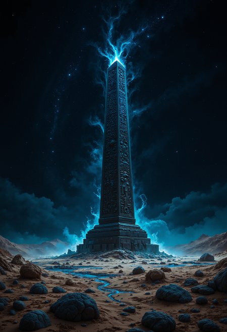 A vast, barren desert landscape under a night sky filled with an infinite number of stars. In the center stands a massive, ancient stone obelisk with intricate carvings glowing faintly with an eerie blue light. The ground is cracked and dry, and there are scattered remnants of an ancient civilization, half-buried in the sand. The scene is shrouded in an ethereal, mystical atmosphere, with a slight breeze causing the sand to shift slightly. The perspective is wide, capturing the loneliness and mystery of the ancient monument under the starlit sky.    <lora:flux_vividizer:0.8> <lora:aidmaMJ6.1-FLUX-V0.1:0.6> midjourneyv6.1,