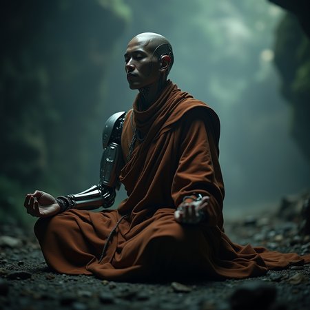 meditating Tibet monk with cybernetic enhancements, sci-fi character portrait by greg rutkowski, craig mullins, cinematic lighting, dystopian sci-fi outfit, profile picture, mechanical, cyborg, half robot ultra realistic 8 k resolution.