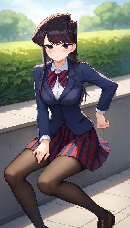 score_9,score_8_up,score_7_up,score_6_up BREAK official art,solo,outdoors,upper body,(portrait:1.5),looking at viewer,facing viewer,smile,blush,Komi Shouko,long hair,black hair,sidelocks,swept bangs,black eyes,school uniform,blue jacket,blazer,collared shirt,white shirt,red bowtie,striped bowtie,diagonal-striped bow,medium breasts,skindentation,long sleeves,red skirt,pleated skirt,striped skirt,black pantyhose,loafers,<lora:Komi Shouko(kcc)-Pony:1.2>,