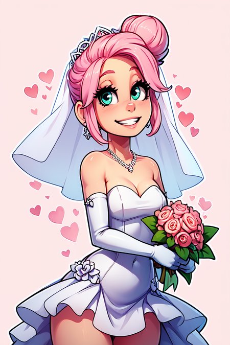 score_9, score_8_up, score_8, medium breasts, (curvy), cute, eyelashes,       BREAK, , zzBrooklynn, pink hair, single hair bun,  <lora:Brooklynn_Jurassic_Park_PDXL_v2:0.7>, , BREAK, smile, looking at viewer,  bride, wedding dress, bridal veil, strapless dress, elbow gloves,  holding bouquet,  hearts, white outline, cowboy shot, embedding:zPDXL, Expressiveh, <lora:theOtherHalfPDXL:0.8>,  <lora:CatalystStylePDXL:0.6>,  <lora:SDXLFaeTastic2400:0.5>,  <lora:Expressive_H-000001:0.4>,
