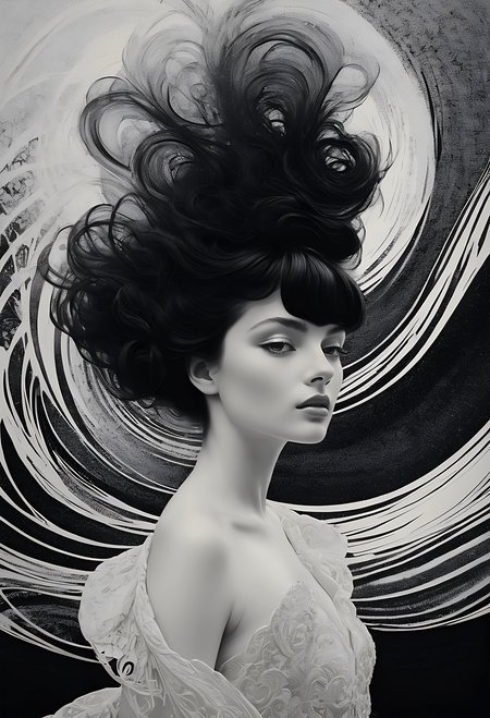 beautiful girl, long hair, breasts, looking at viewer, dress, bare shoulders, monochrome, upper body, greyscale, lips, floating hair, nose, abstract, abstract style, non-representational, colors and shapes, expression of feelings, imaginative, highly detailed, absurdres, masterpiece, 8k, high detail, intricate, best quality
