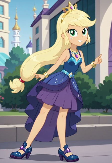 score_9, score_8_up, score_7_up, score_6_up, from My Little Pony Equestria Girls, a very young little human girl Applejack wearing a fit blue|sky|green|brown|darkpurple|red|yellow gradients colors short princess dress, elegant detailed princess shoes, solo, 1girl, little princess girl, gradient golden blond hair with crown hairband, smile, childhood, looking at viewer, glow detailed eyes, garden of canterlot, tul, chiffon, laces, semi realistic cartoon, unreal engine 5,  full body close-up, absurdres, digital art, soft light, perfect hands, perfect, hands, perfection, soft orange skin, green eyes, apples accesories and shoes, jewelery, tres chic,<lora:age_slider_v4:-4>,