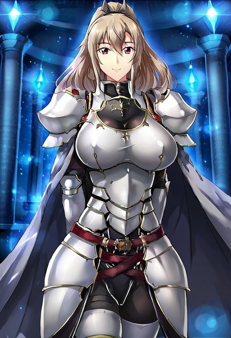 easynegative, FastNegativeV2, EasyNegativeV2, haganef, overfit style, large breasts, 1girl, solo, thicc big breasts,  sexy body , big butt, big breasts, shaggy big breasts, young, big chest, <PUT OVERFIT STYLE IN NEGATIVE PROMPT>, anime,  negative_hand, smile,
Eydis, red eyes, light brown hair, long hair, ponytail, battle uniform, knight armor, skirt armor, dark purple cape, cape behind back
 big breasts, shaggy big breasts, mature, young