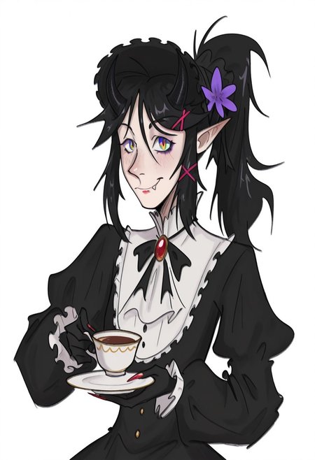 best quality, detailed face, detailed eyes, , , 
by vor sirkov
by T5, 
1girl, looks at the viewer, ascot, black bow, black dress, black gloves, black hair, black headwear, black horns, bonnet, bow, brooch, cup, demon horns, dress, fang, fingernails, flower, frilled dress, frilled sleeves, frills, gem, gloves, gothic lolitagoth, hair flower, hair ornament, hairclip, hands up, hat, hat flower, high ponytail, holding, holding cup, holding plate, holding saucer, horns, jewelry, juliet sleeves, lolitagoth fashion, long fingernails, long hair, long sleeves, looking at viewer, makeup, multicolored eyes, nail polish, parted lips, plate, pointy ears, ponytail, puffy sleeves, purple flower, red nails, ribbon, saucer, sharp fingernails, sidelocks, slit pupils, smile, solo, swept bangs, teacup, upper body, virtual youtuber, white ascot, white background, x hair ornament, yellow ey