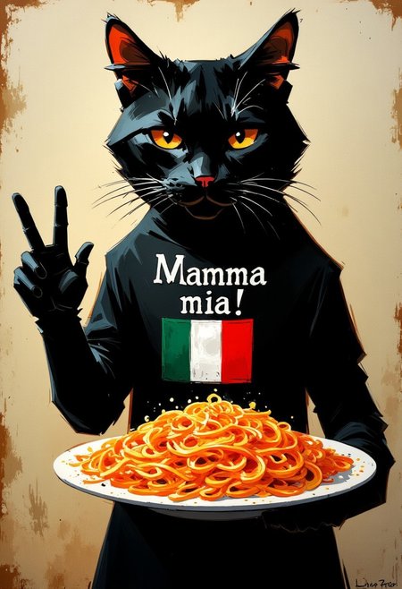 Oil painting by Frank Frazetta. An antrophomorphic black cat with a plate of pasta in his hand. The other hand does an italian hand symbol.Italian flag tshirt, Text "Mamma mia!"