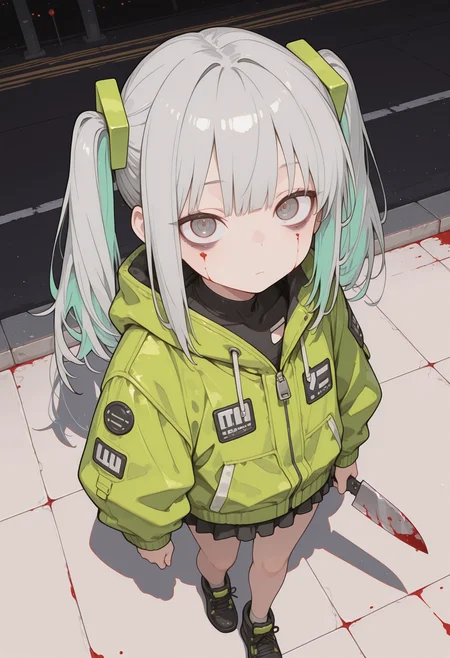 masterpiece, best quality, good quality, newest, highres, absurdres,
1girl, solo, matured woman,
walking to viewer, looking at viewer, ((focus on face)), face focus,
grey hair, long hair, twintails, hair ornament, colored inner hair,
bags under eyes, daze, emotion less,
holding blood stained knife,
oversized neon green jacket, black short tank top,
long victorian maid skirt,
flat chest, chubby, ((chubby thick legs)),  [[[[skinny stomach]]]],
black pumps, no socks ,
night, city alley, ((dynamic perspective)), dutch angle, ((((from above)))), fisheye lens, (close up), full body shot,
background with thick white border, pool of blood , reflection, blood stained clothes,
S4bit4mago_illu, detailed, h4ra_illu, momosp,
<lora:sdxl_turbo_weghts_beta_v0_1_0:0.3>
<lora:MomoSweetSpaceILL:0.6>
<lora:hara_id_21:0.4>
<lora:S4bit4mago:0.85>
<lora:NOOB_vp1_detailer_by_volnovik_v1:0.45>
<lora:Detailer_NoobAI_Incrs_v1:0.6>
<lora:rupetan:0.5>