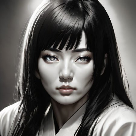 score_9, score_8_up, score_7_up, masterpiece, excellent quality, hime cut, asian eyes, japanese eyes, oriental face, asian face, white kimono, wide nose, flat nose, round cheeks, round face, solo, 1 girl, narrowed eyes, photorealism, monochrome, black hair, very long hair, grey eyes, muscular female, very wide face, narrow eyes, white kimono, expressionless, masterpiece, even haircut on forehead, very high quality, japanese woman