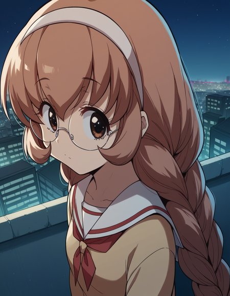 score_9, score_8_up, score_7_up, source_anime, <lora:mimi-usa-s1-ponyxl-lora-nochekaiser:1>, mimi usa, long hair, brown hair, brown eyes, very long hair, braid, hairband, glasses, twin braids,, school uniform, serafuku, long sleeves,, city skyline, rooftop view, night time, city lights, quiet reflection, , from above,, looking at viewer, solo,, dutch angle, cowboy shot