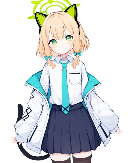 <lora:tpn3-5.5-R-Sytle-400artist:0.85>
Best-A,noko_\(nco029685627\),1girl, animal_ear_headphones, animal_ears, black_skirt, black_thighhighs, blonde_hair, blue_archive, blue_necktie, blush, cat_tail, closed_mouth, collared_shirt, fake_animal_ears, green_eyes, green_halo, halo, headphones, highres, jacket, long_sleeves, looking_at_viewer, midori_\(blue_archive\), necktie, noko_\(nco029685627\), shirt, short_hair, simple_background, skirt, solo, tail, thighhighs, two-sided_fabric, two-sided_jacket, white_background, white_jacket, white_shirt
score_9,score_8_up,score_7_up,source_anime,best_quality,masterpiece,perfect_bodyï¼