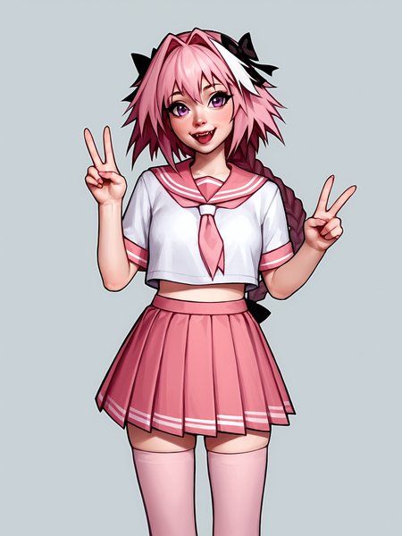 score_9, score_8_up, score_7_up, score_6_up, score_5_up, score_4_up, rating_safe
BREAK
astolfo \(fate\), otoko no ko, pink hair, braid,
BREAK
solo, standing, pink serafuku, white shirt, pink thighhighs, pink skirt, peace sign,
BREAK
white background, <lora:Lunas-SashaKhmel-SDXL-A1:1>
