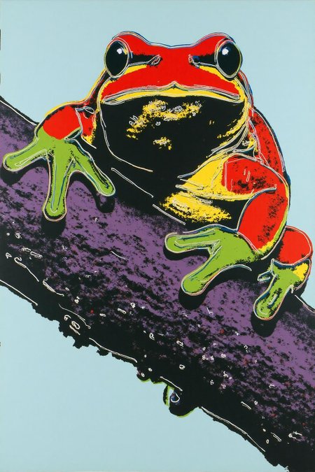 andywarhol1 illustration.
A tree frog standing on a tree branch.
 <lora:andywarhol1_cap_d6a3:1.0><lora:836296597433276593:0>