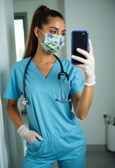 A photo of a young woman taking a selfie in a medical setting. She is wearing light blue scrubs that accentuate her curves. Her hair is pulled back into a high ponytail. She is wearing a colorful medical face mask and latex gloves. A stethoscope is hanging around her neck. She is posing from the side, showcasing her fit figure and her nice cleavage. She is holding a smartphone in one hand, capturing the image in the reflection of a bathroom mirror. Paper towels are visible in the background.