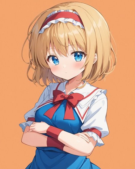 alice margatroid,1girl, red_hairband, solo, doll, closed_mouth, looking_at_viewer, blue_dress, blush, standing, long_sleeves, puffy_short_sleeves, orange_background, white_capelet, simple_background, red_background, frills, red_bow, crossed_arms, shirt, skirt
<lora:alice_margatroid_image3379_2023-12-11-000006:1>,star-shaped_pupils,symbol-shaped_pupils,. gorgeous,key visual, vibrant, studio anime,award-winning, professional, highly detailed,high budget, cinemascope